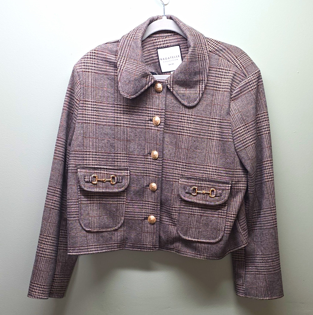 Bagatelle Women’s Gray Plaid Short Jacket Gold Buttons Pockets XL